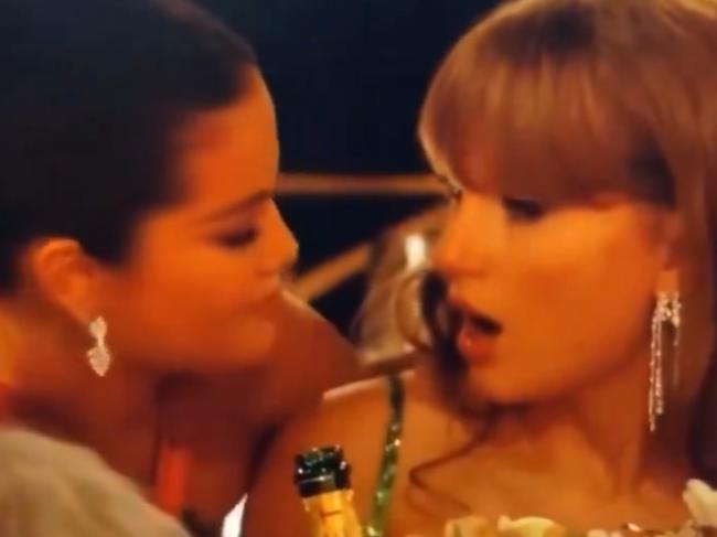 Taylor Swift, Selena Gomez and Keleigh Teller share gossip at the Golden Gloves, 2024. Photo: Twitter / Supplied