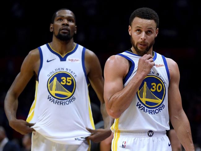 Kevin Durant and Stephen Curry #during the 2019 NBA Playoffs. Picture: Harry How/Getty Images