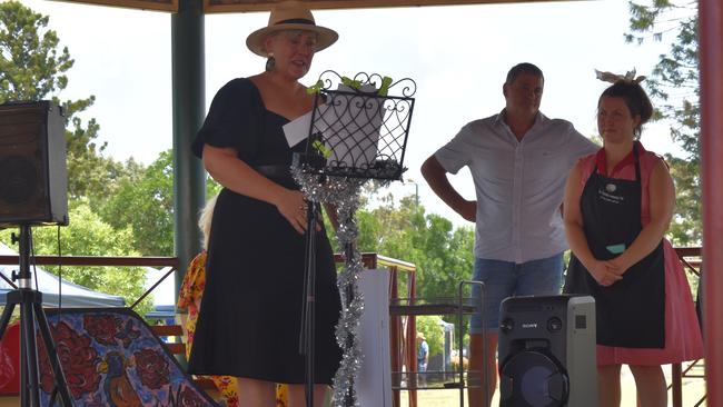 Merry Muster founder Kristen Bonner announcing donation to Southern Downs charities Granite Belt Water Relief and the Warwick Community Van.