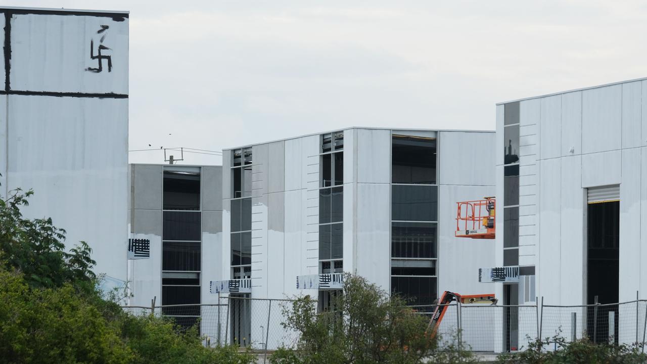 A Nazi swastika symbol painted on a warehouse complex being constructed behind Visy Recycling on Thompon Road in North Geelong. Picture: Mark Wilson