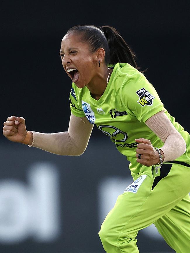 Thunder's Shabnim Ismail celebrates her wicket of Stars' Elyse Villani. Picture: Phil Hillyard