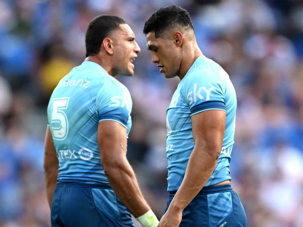 Marcelo Montoya and Roger Tuivasa-Sheck played starring roles for the Warriors. Picture: Hannah Peters/Getty Images