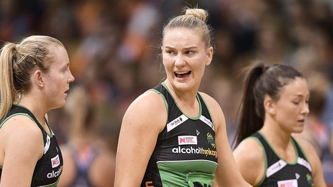 Courtney Bruce of the Fever reacts during the Super Netball semi-final against the Giants. 