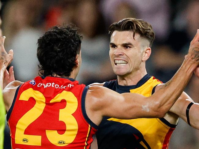 Ben Keays and Izak Rankine celebrate a goal during the Crows’ win over Carlton. Picture: Dylan Burns/AFL Photos via Getty Images.