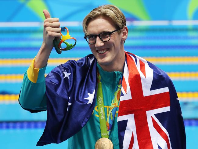 Australia's Mack Horton with his Gold medal after winning the the Mens 400m Final on DAY 1 of the swimming at the Rio 2016 Olympic Games. Picture. Phil Hillyard