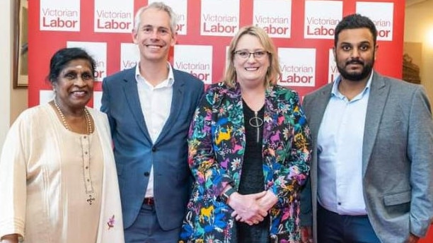 Andrew Giles, second left, and state minister Ros Spence, second right, at the Tamil event