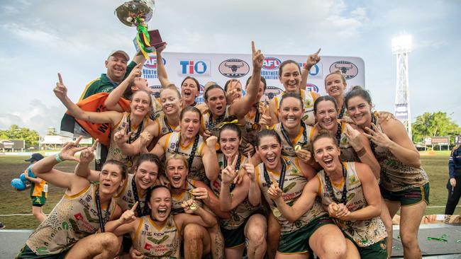 PINT celebrate their win in the 2023-24 NTFL Women's Grand Final between against St Mary's. Picture: Pema Tamang Pakhrin