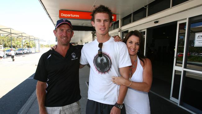 Southport Sharks QAFL team member Dayne Beams pictured at the Coolangatta Airport with his Parents Phillip Beams and Sharene Christie