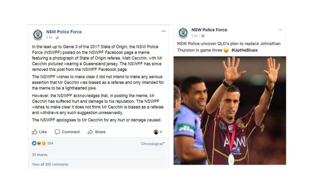 The original post by the NSW Police Force’s Facebook page (right) and the apology later posted to social media.