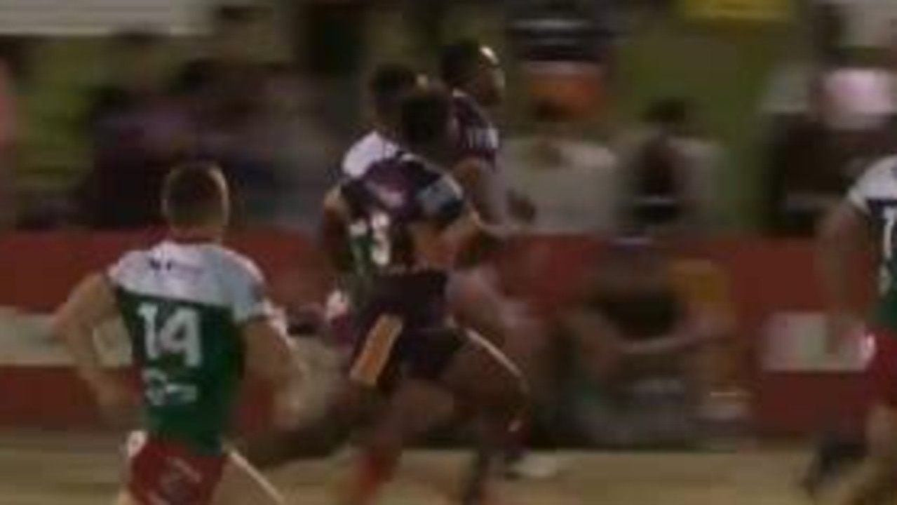 Ilikena Vudogo races away for a try in the Broncos' trial against Wynnum Manly.