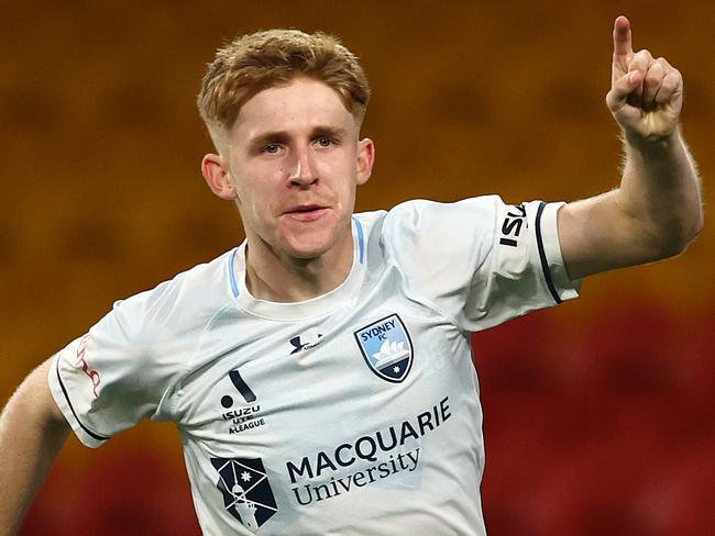 BRISBANE, AUSTRALIA - NOVEMBER 01: Jaiden Kucharski of Sydney FC in celebrates a goal during the round three A-League Men match between Brisbane Roar and Sydney FC at Suncorp Stadium, on November 01, 2024, in Brisbane, Australia. (Photo by Chris Hyde/Getty Images)