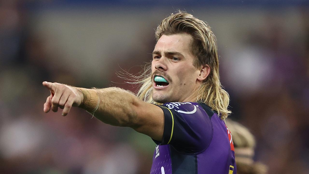 MELBOURNE, AUSTRALIA - APRIL 16: Ryan Papenhuyzen of the Storm gestures during the round six NRL match between the Melbourne Storm and the Cronulla Sharks at AAMI Park, on April 16, 2022, in Melbourne, Australia. (Photo by Robert Cianflone/Getty Images)