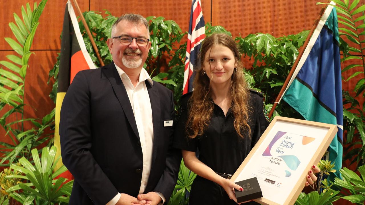 Amber Yendle, pictured here with Douglas Shire mayor Michael Kerr, won the Junior Citizen of the Year award at Douglas Shire Council's 2024 Australia Day awards. Picture: Douglas Shire Council