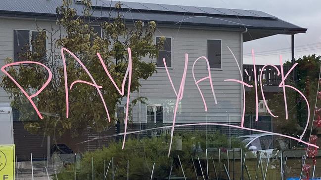 “Pay ya tick” was allegedly spray painted on the restaurant windows. Picture: Katrina Muhsin/10 NEWS FIRST