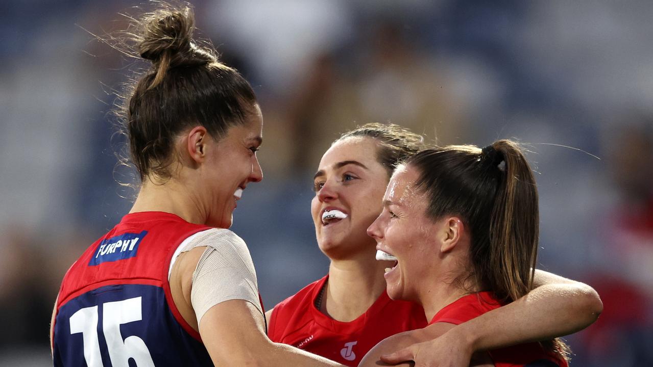 GEELONG, AUSTRALIA – SEPTEMBER 28: Kate Hore of the Demons celebrates a goal during the round five AFLW match between Geelong Cats and Melbourne Demons at GMHBA Stadium, on September 28, 2023, in Geelong, Australia. (Photo by Martin Keep/AFL Photos via Getty Images)