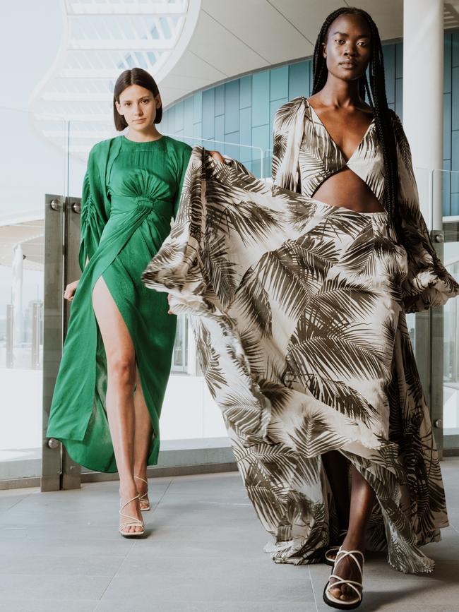 Models Paris Newman in Scanlan Theodore (green), and Shudia Forgol in Morrison. Picture: Jillian McHugh