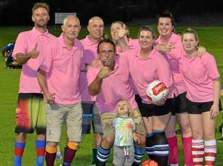 HAIR RAISING: Man Chest Hair United Social 6s squad. L-R, Guy, Glenn, Ben, Jason, Marlow, Courtney, Tennille, Scarlett and mascot Tommy. Picture: Supplied