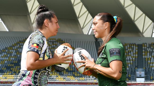 Indigenous All Stars Tallisha Harden and Maori All Stars player Shannon Mato at Queensland Country Bank Stadium in Townsville promoting the 2024 All Stars game. Picture: Shae Beplate.