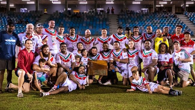 The Nightcliff Dragons celebrate beating the South Darwin Rabbitohs in the Chico Motlop Shield in Round 11 of the NRL NT. Picture: Patch Clapp / NRL NT