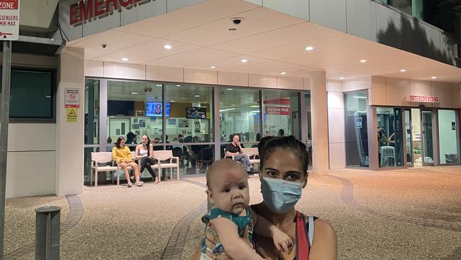 Willow Barnes from Westcourt with her four month old Kylo who suffered a bump to his head had to wait three hours to be seen by a doctor at Cairns Hospital ED on Monday. Picture: Andreas Nicola