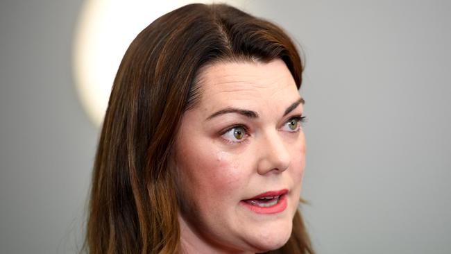 Senator Sarah Hanson-Young reacts after winning her defamation case against former Senator David Leyonhjelm. Picture: Tracey Nearmy/Getty Images