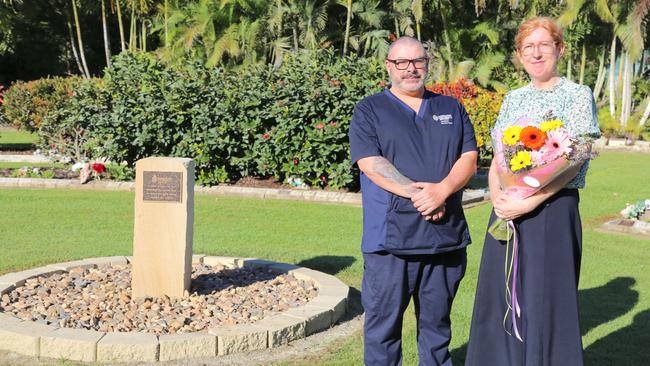 JCU human bequest co-ordinator Rod Cook with JCU School of Anatomy custodian Professor Kate Domett at the plaque commemorating donors at Woongarra Crematorium just south of Townsville. Picture: Supplied