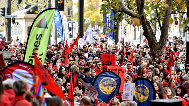 Protesters hold placards during an SA public school teachers’ strike outside of Parliament House in 2019. Picture: Sam Wundke