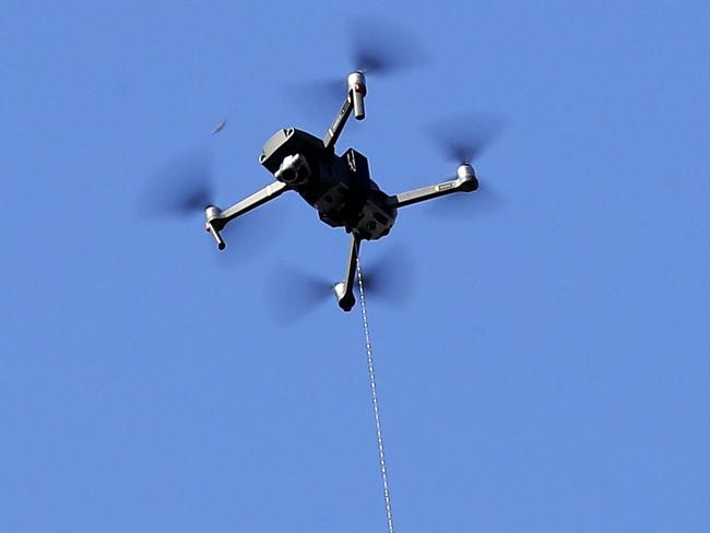 The pandemic drone was invented by the University of South Australia. Picture: AFP