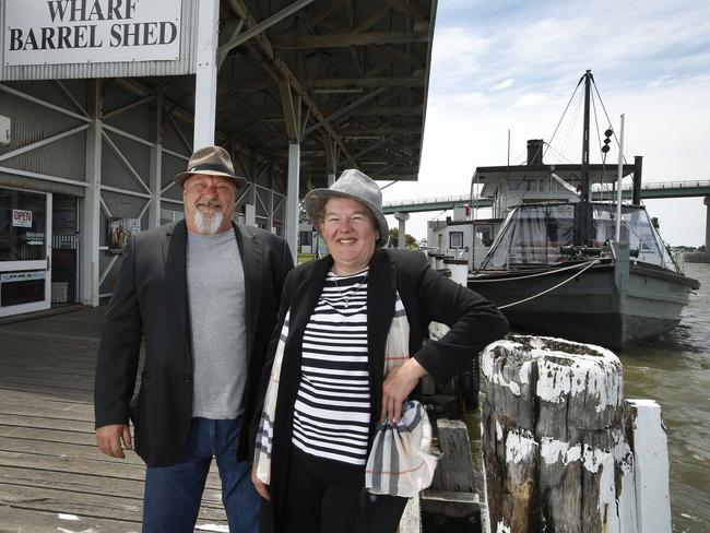 Charlie and Bell Eatts, longtime Goolwa residents and platinum members of the Wharf Barrel Shed on the Goolwa wharf. Picture: Dean Martin