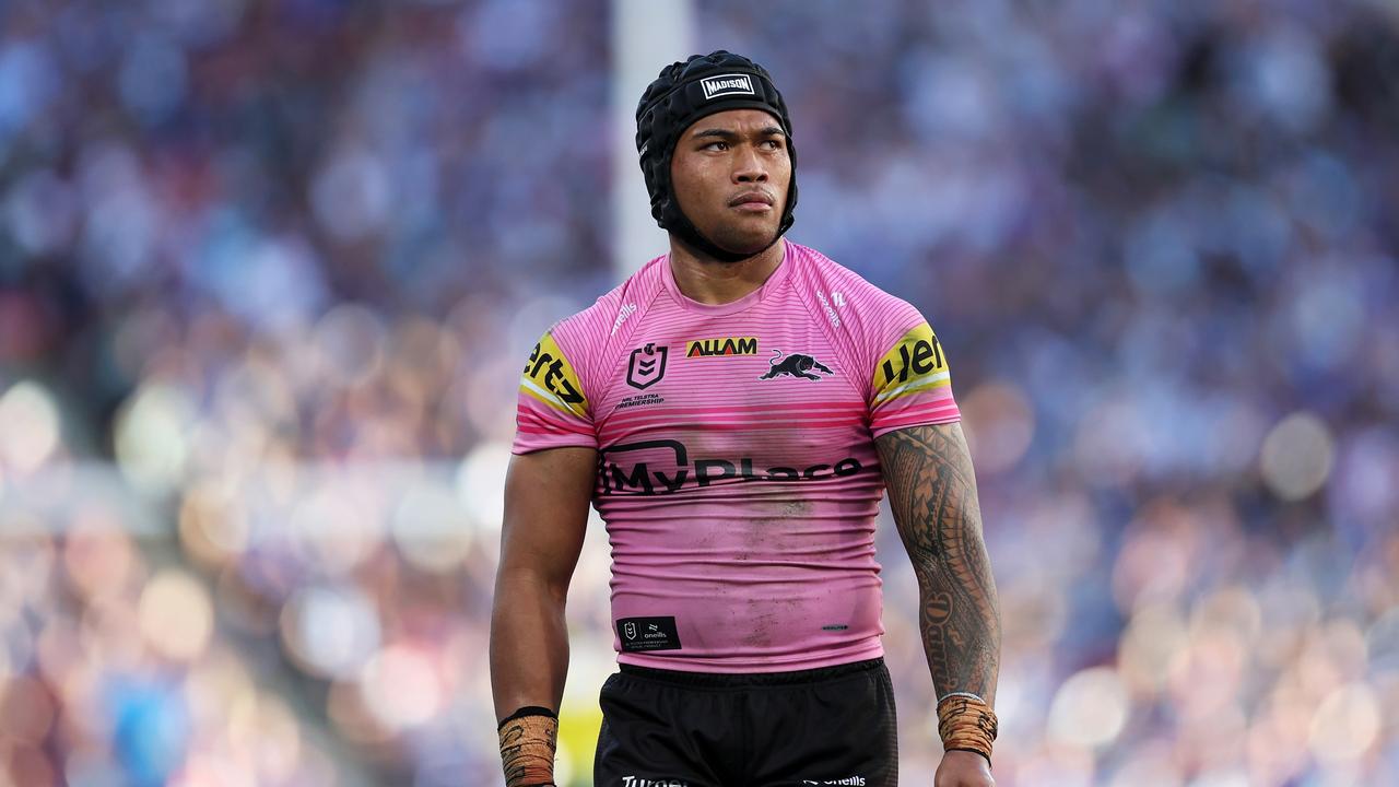 BRISBANE, AUSTRALIA - MAY 19: Brian To'o of the Panthers looks on during the round 11 NRL match between New Zealand Warriors and Penrith Panthers at Suncorp Stadium, on May 19, 2024, in Brisbane, Australia. (Photo by Hannah Peters/Getty Images)