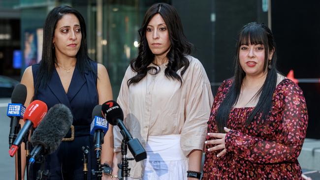 Sisters Elly Sapper, Nicole Meyer and Dassi Erlich outside Victorian County Court. Picture: NCA NewsWire / David Geraghty