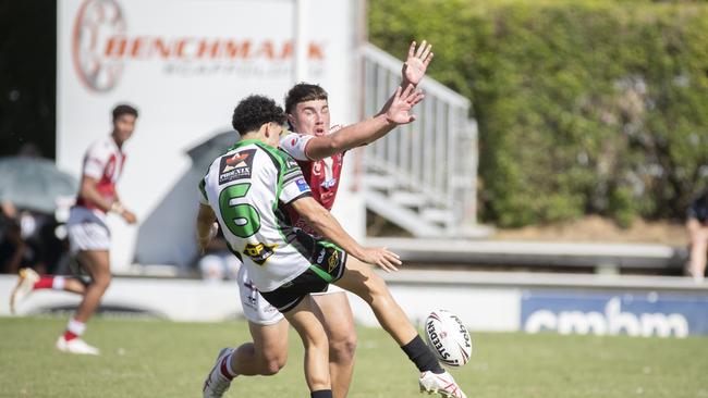 Xavier Hellyer kicks in the Meninga Cup under 18 rugby league grand final- Picture: Richard Walker