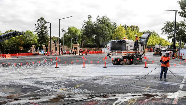 Construction on the new tram lines on the corner of North Tce and King William St. Picture: AAP/Russell Millard