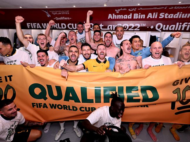 The Socceroos celebrate qualifying for the 2022 World Cup. Picture: Joe Allison/Getty Images