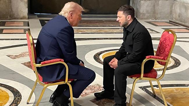 Ukraine's President Volodymyr Zelensky (right) meets with US President Donald Trump on the sidelines of Pope Francis's funeral at St. Peter's Basilica at The Vatican. Picture: AFP Photo/Ukrainian Foreign Ministry