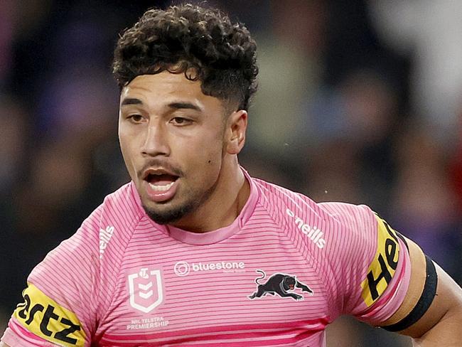 MELBOURNE, AUSTRALIA - JUNE 30:  Izack Tago of the Panthers makes a break to score a try during the round 18 NRL match between Melbourne Storm and Penrith Panthers at Marvel Stadium on June 30, 2023 in Melbourne, Australia. (Photo by Kelly Defina/Getty Images)