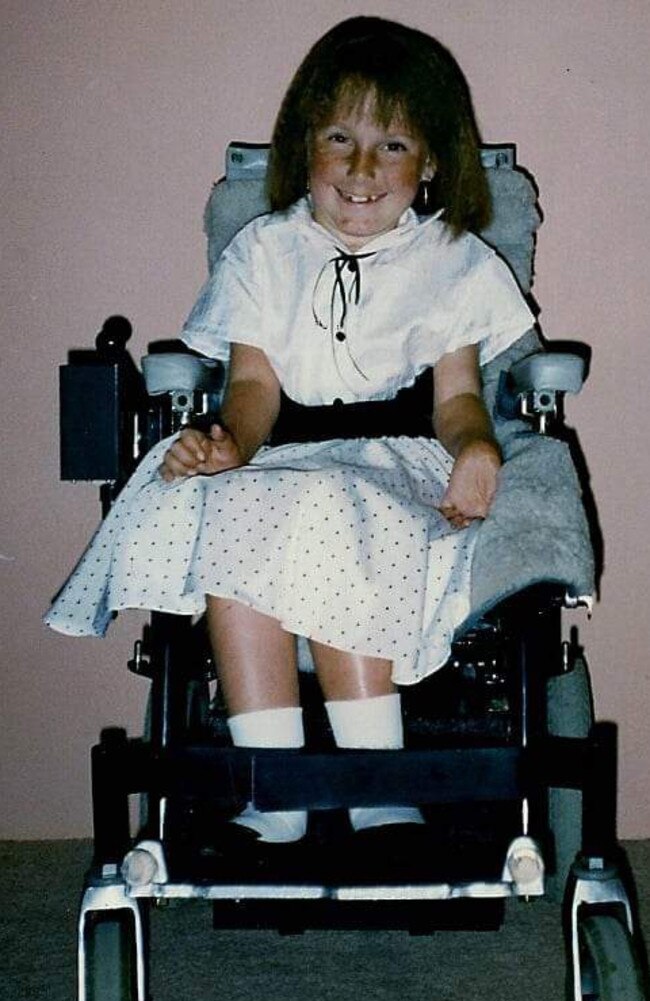 Melanie Hawkes got her first wheelchair when she was three. Picture: Supplied