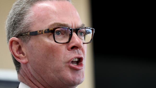 Minister for Defence Christopher Pyne makes an announcement at Naval Group Australia in Adelaide, Monday, February 25, 2019. (AAP Image/Kelly Barnes) NO ARCHIVING