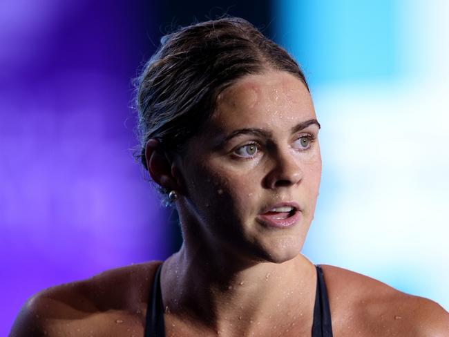 DOHA, QATAR - FEBRUARY 14: Shayna Jack of Team Australia looks on after competing in the Women's 200m Freestyle Final on day thirteen of the Doha 2024 World Aquatics Championships at Aspire Dome on February 14, 2024 in Doha, Qatar. (Photo by Adam Pretty/Getty Images)