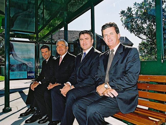 Then Adshel chief executive Steve McCarthy, Mosman general manager Viv May, Adshel commercial director Peter Glavincevski and Mosman mayor David Strange, photographed in 2003 when the bus shelter advertising deal was made. Picture: Supplied