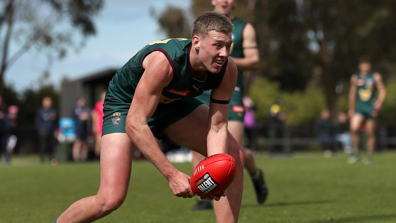 Arie Schoenmaker could be one of the first players taken on Tuesday night. Picture: Kelly Defina/AFL Photos