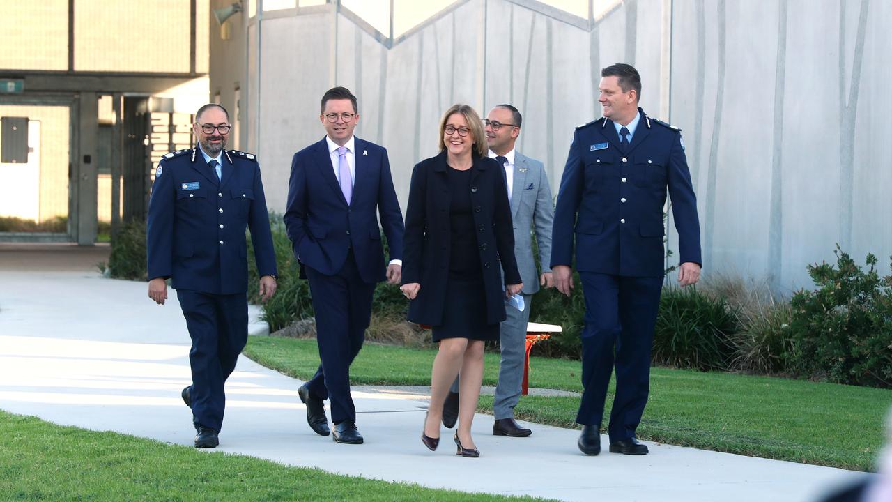 Premier Jacinta Allan at Western Plains Correctional Centre with prison officials and police minister Anthony Carbines and corrections minister Enver Erdogan. Picture: Alison Wynd