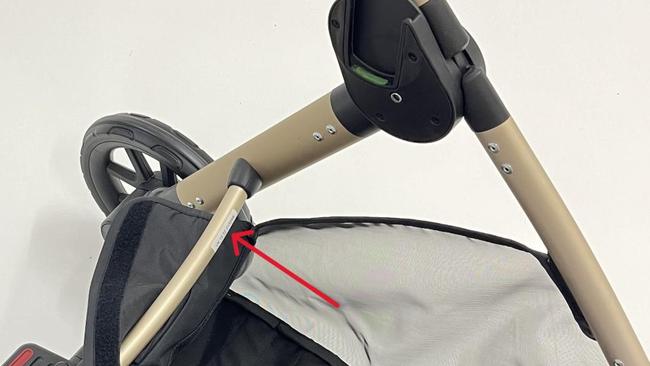 The ACCC has warned if the locking mechanism is not engaged correctly the stability of the pram’s handle will be reduced and if disengaged could collapse. Picture: Supplied.