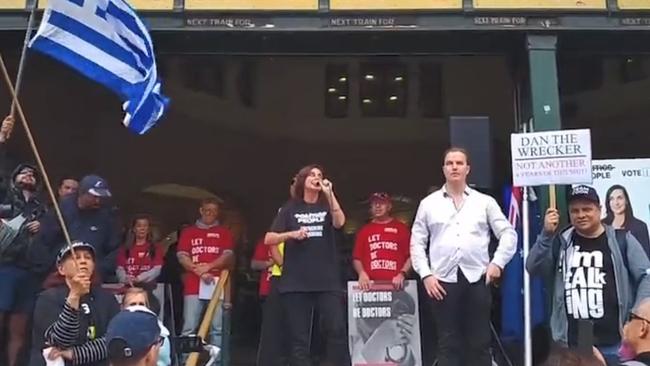 MP Catherine Cumming on the steps of Flinders Street Station.