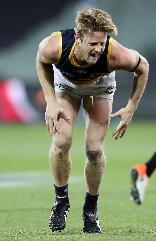 Rory Sloane copped a corked thigh in the third quarter, which ruled him out of the rest of the game on Saturday night. Picture: Sarah Reed