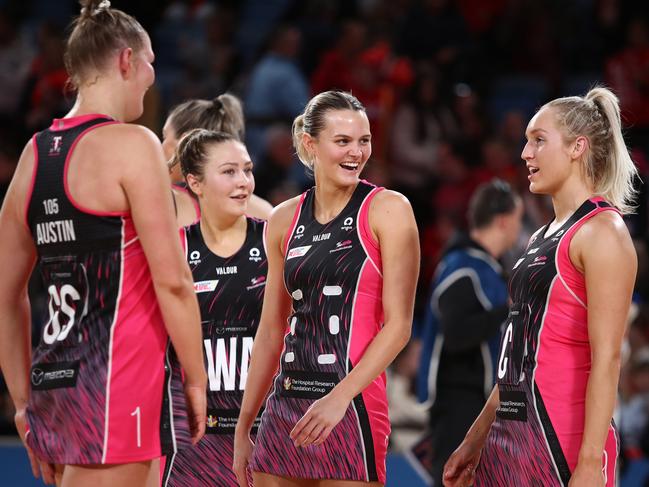 SYDNEY, AUSTRALIA - JUNE 17: Tippah Dwan and Tayla Williams of the Thunderbirds celebrate victory during the round 14 Super Netball match between NSW Swifts and Adelaide Thunderbirds at Ken Rosewall Arena on June 17, 2023 in Sydney, Australia. (Photo by Jason McCawley/Getty Images)