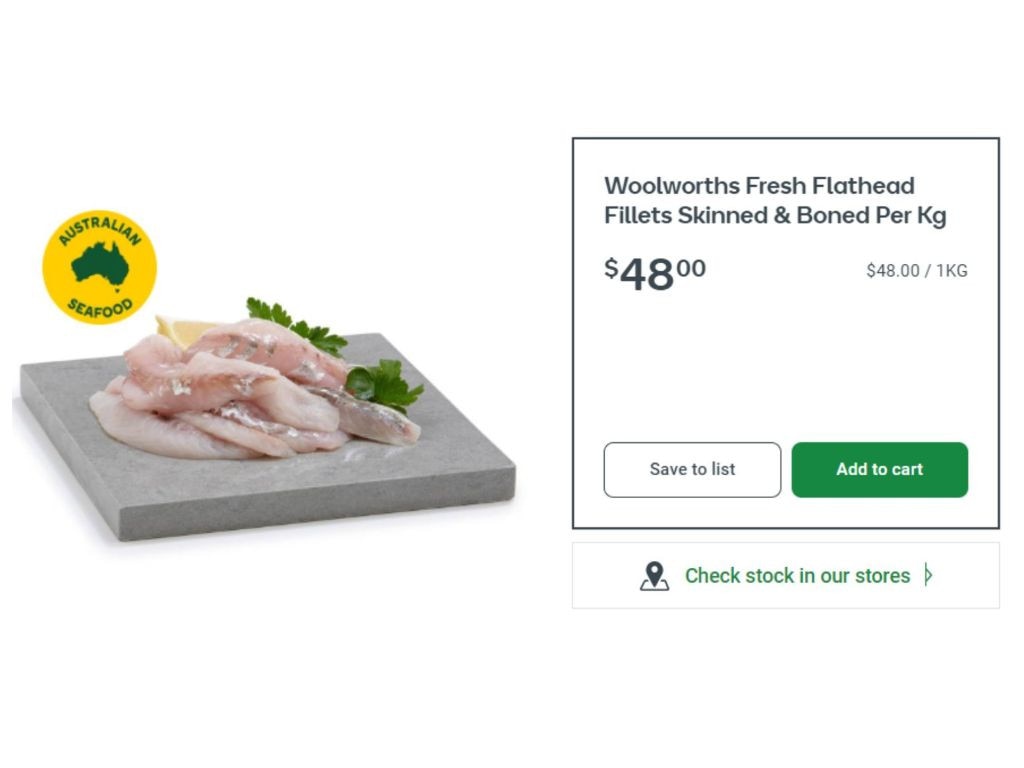 The price of flathead fillets in Woolworths, as of 19 December 2023. Picture: Supplied
