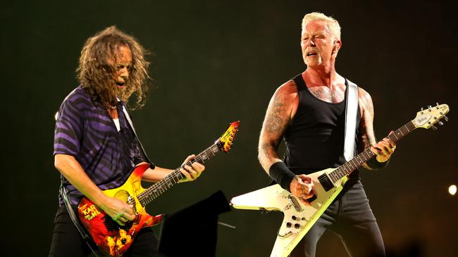 Kirk Hammett and James Hetfield rock out on their M72 World Tour. Picture: Theo Wargo/Getty Images.