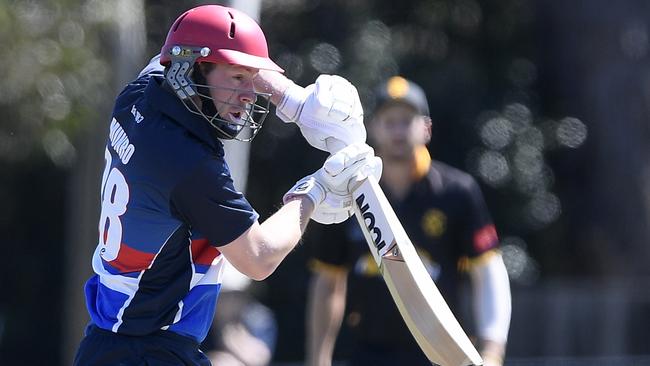 Greg Munro in action during the Premier Cricket: Monash Tigers v Footscray match in Glen Waverley, Saturday, Oct. 13, 2018. Picture: Andy Brownbill