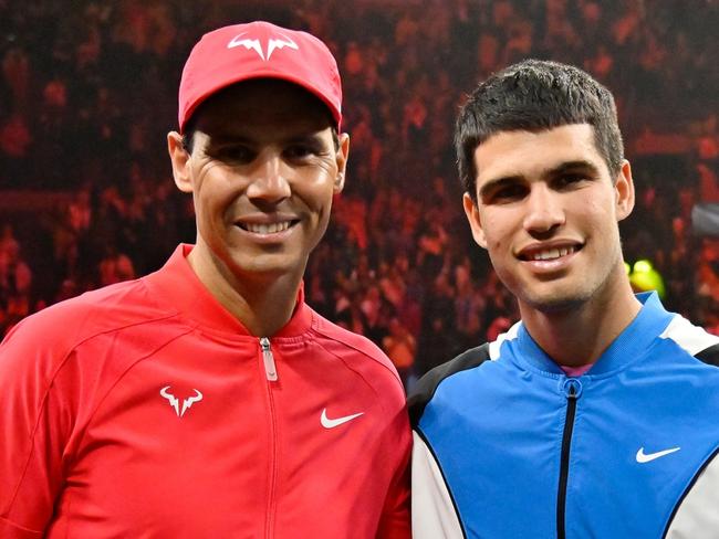 LAS VEGAS, NEVADA - MARCH 03: (L-R) Rafael Nadal and Carlos Alcaraz pose for a photo during The Netflix Slam, a live Netflix Sports event at the MGM Resorts | Michelob Ultra Arena on March 03, 2024 in Las Vegas, Nevada. (Photo by David Becker/Getty Images for Netflix ÃÂ© 2024)